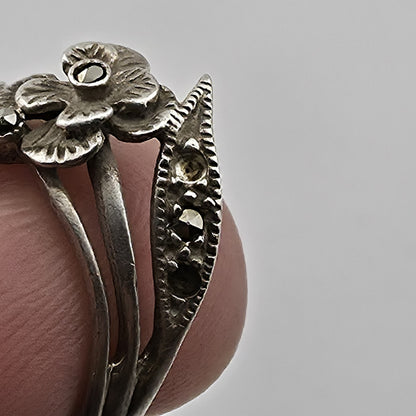 Sterling Silver Marcasite Flower Ring Size 5.5 Dainty Feminine Missing Stones