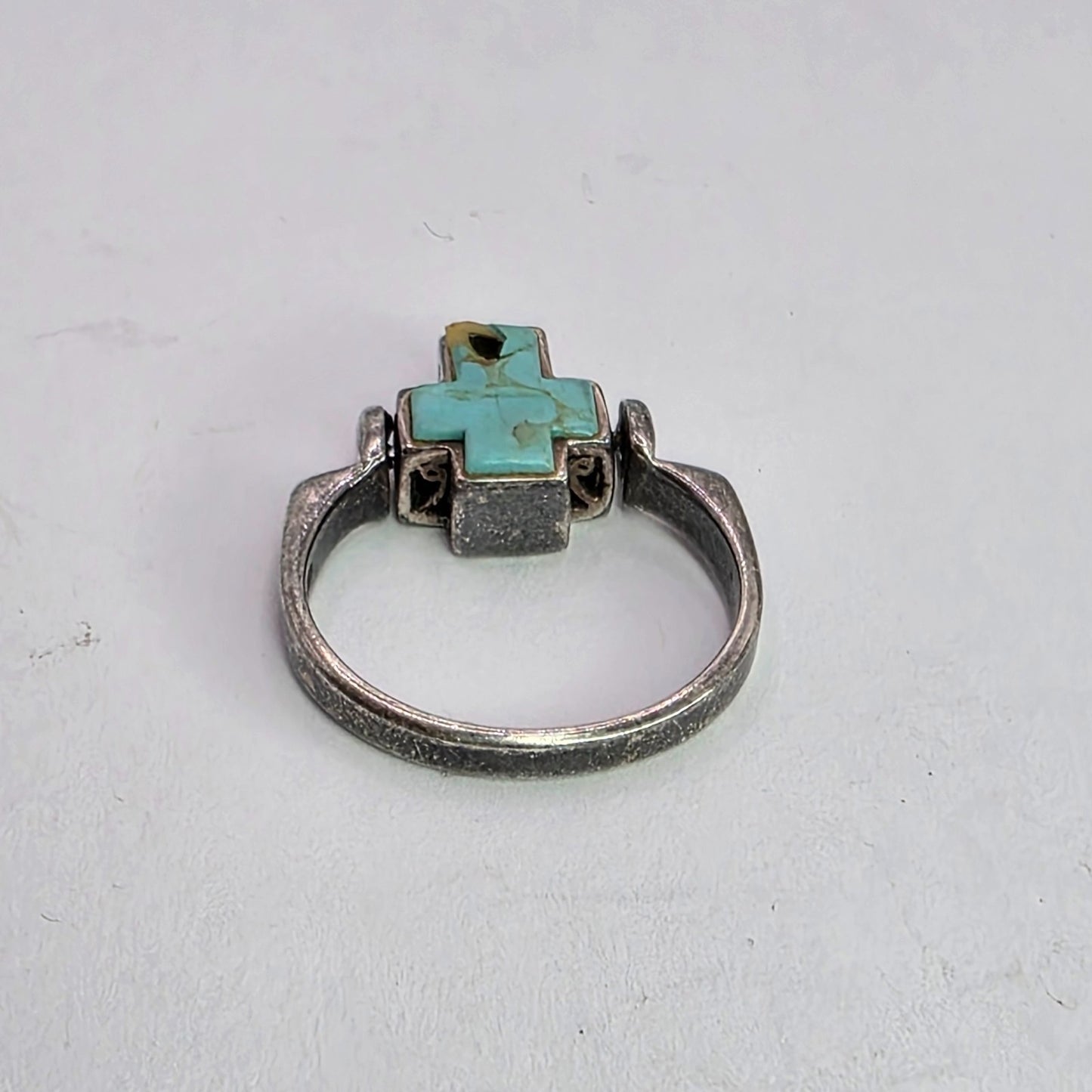 925 Sterling Spinner Ring Turquoise Cross Double Sided Articulated Vintage PD  7