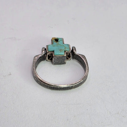 925 Sterling Spinner Ring Turquoise Cross Double Sided Articulated Vintage PD  7