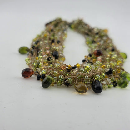 Multistrang Gemstone Handmade Crochet Necklace Olive, avocado Green tones 18"