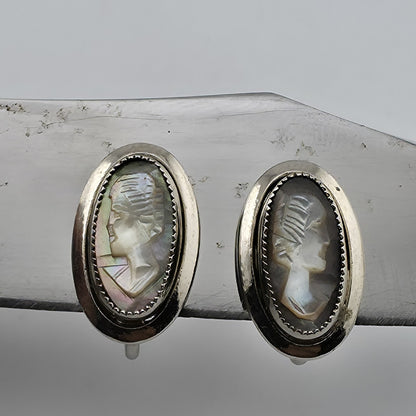 SARAH COVENTRY Cameo Earrings 925 Sterling Silver Art Deco Abalone Shell 1969