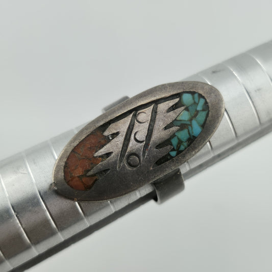Sterling Silver Ring Blue Turquoise Red Coral Inlay Native American Sz 7.50  CCO