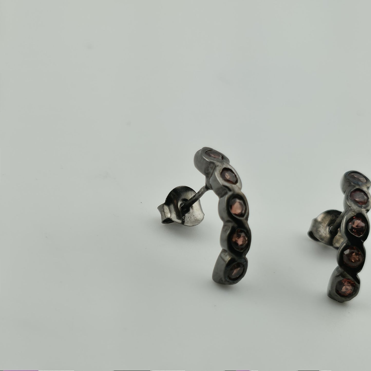 Artisan Handmade Garnet Earrings in 925 Black Sterling Silver Unique Organic