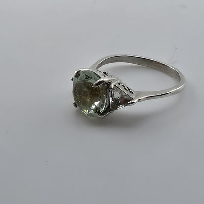 Sterling Silver Ring Blue-Green Stone with Clear Accents Filigree 925 Size 6