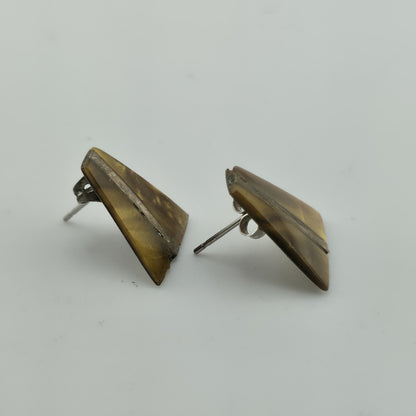 Sterling Silver Carved Gold Tone Stone Triangle Shield Earrings Vintage MCM