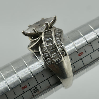Sterling Silver Ring Marquise Clear Stone Baguette Design Size 6.75 Vintage 925