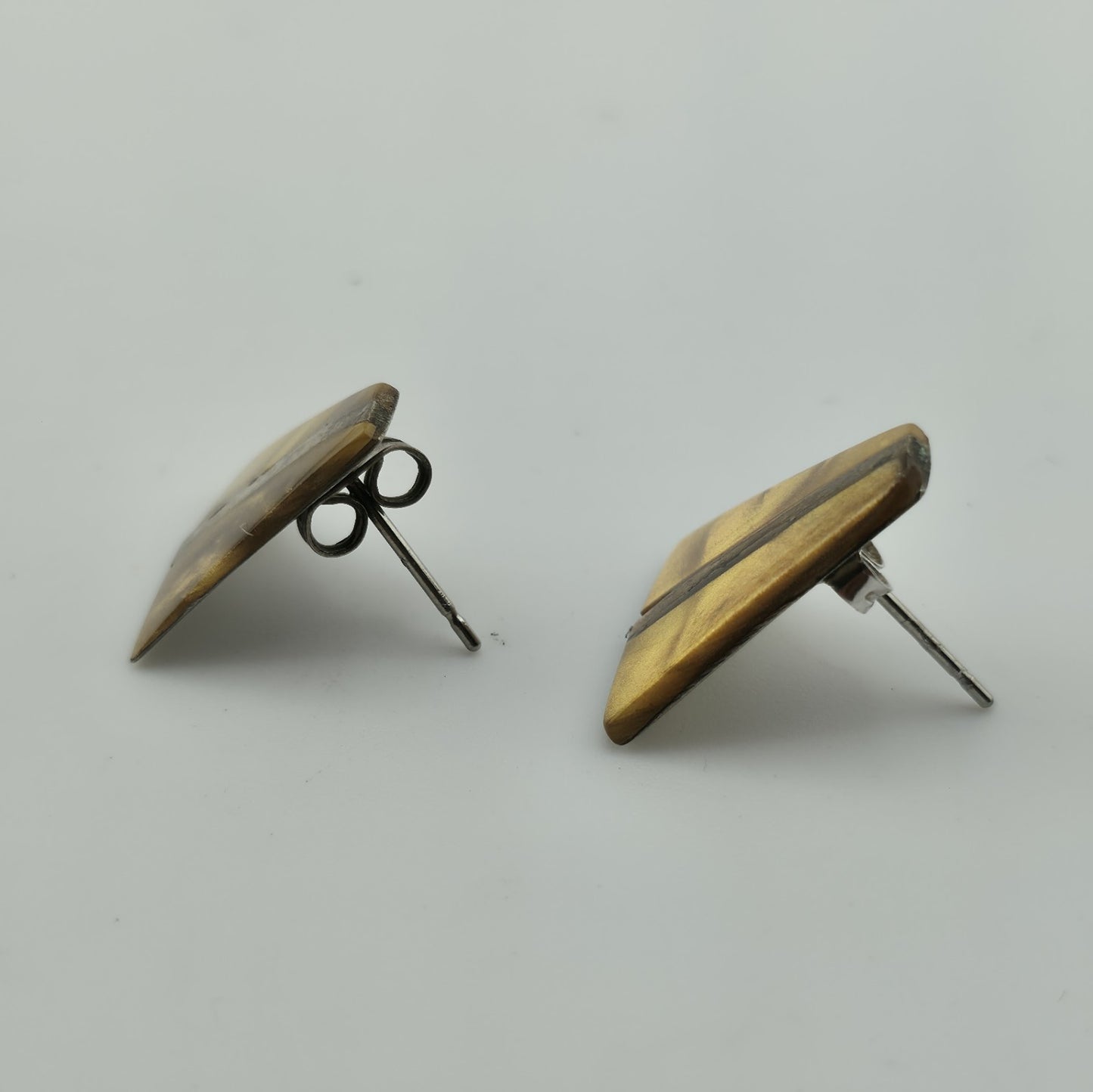 Sterling Silver Carved Gold Tone Stone Triangle Shield Earrings Vintage MCM
