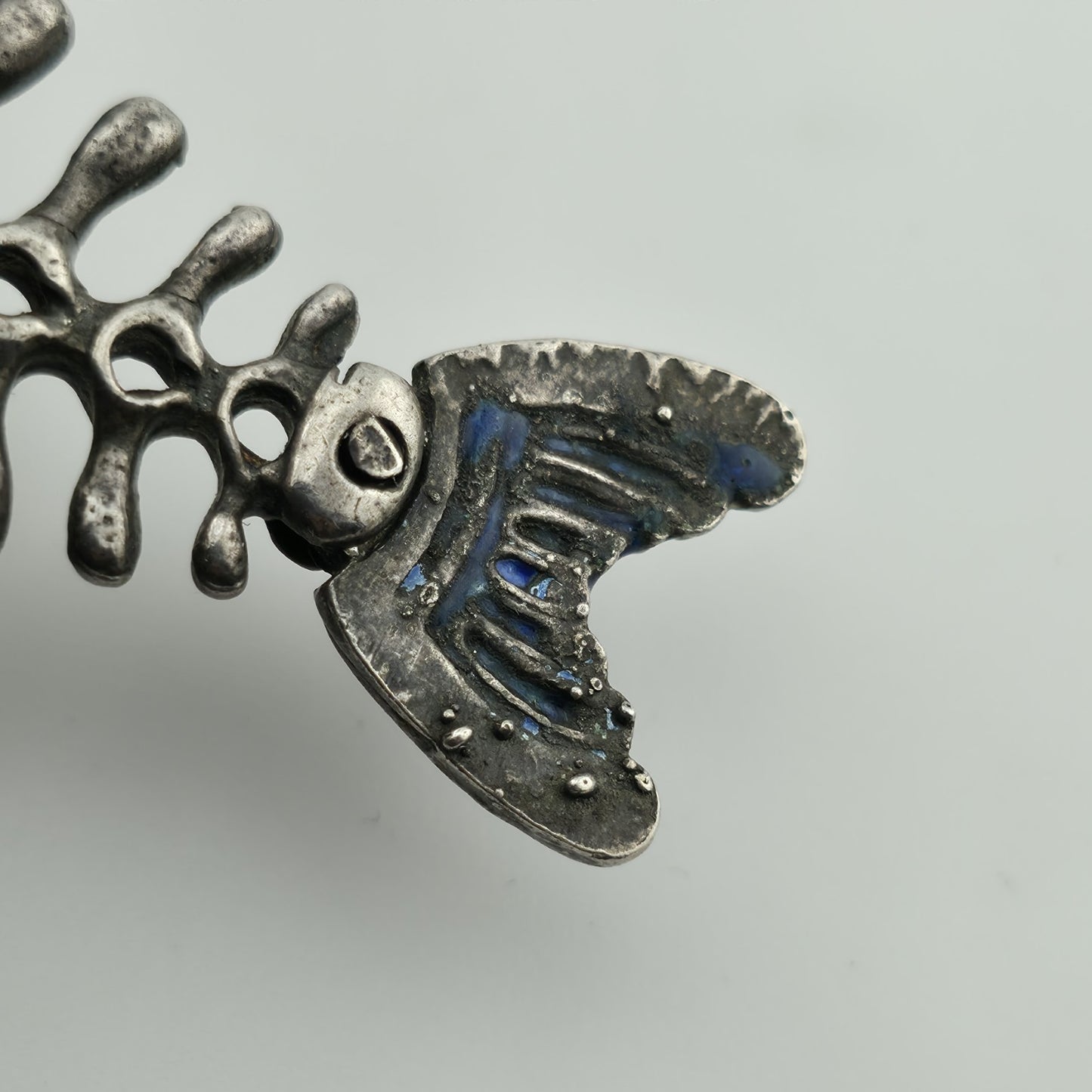 Sterling Silver 925 Green Blue Enamel Fish Bone Pendant Moveable Parts Vintage