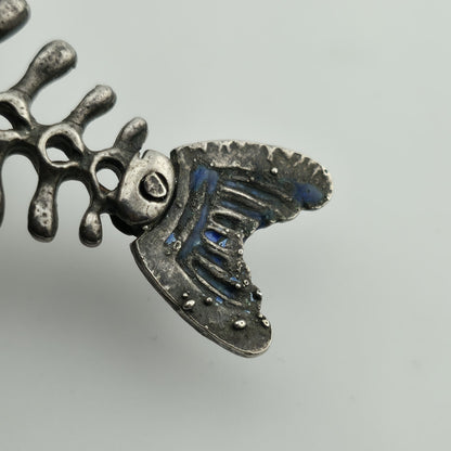 Sterling Silver 925 Green Blue Enamel Fish Bone Pendant Moveable Parts Vintage