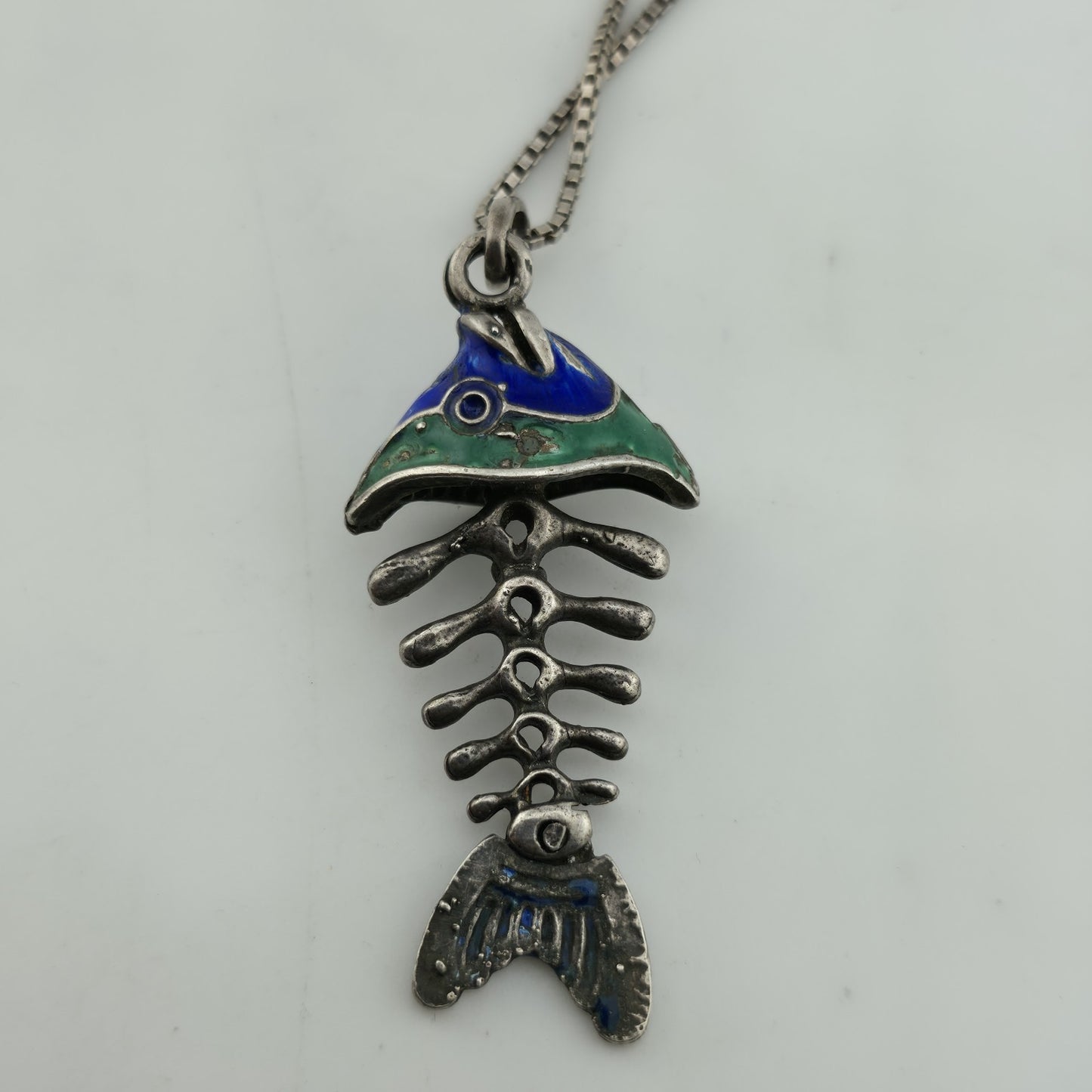 Sterling Silver 925 Green Blue Enamel Fish Bone Pendant Moveable Parts Vintage