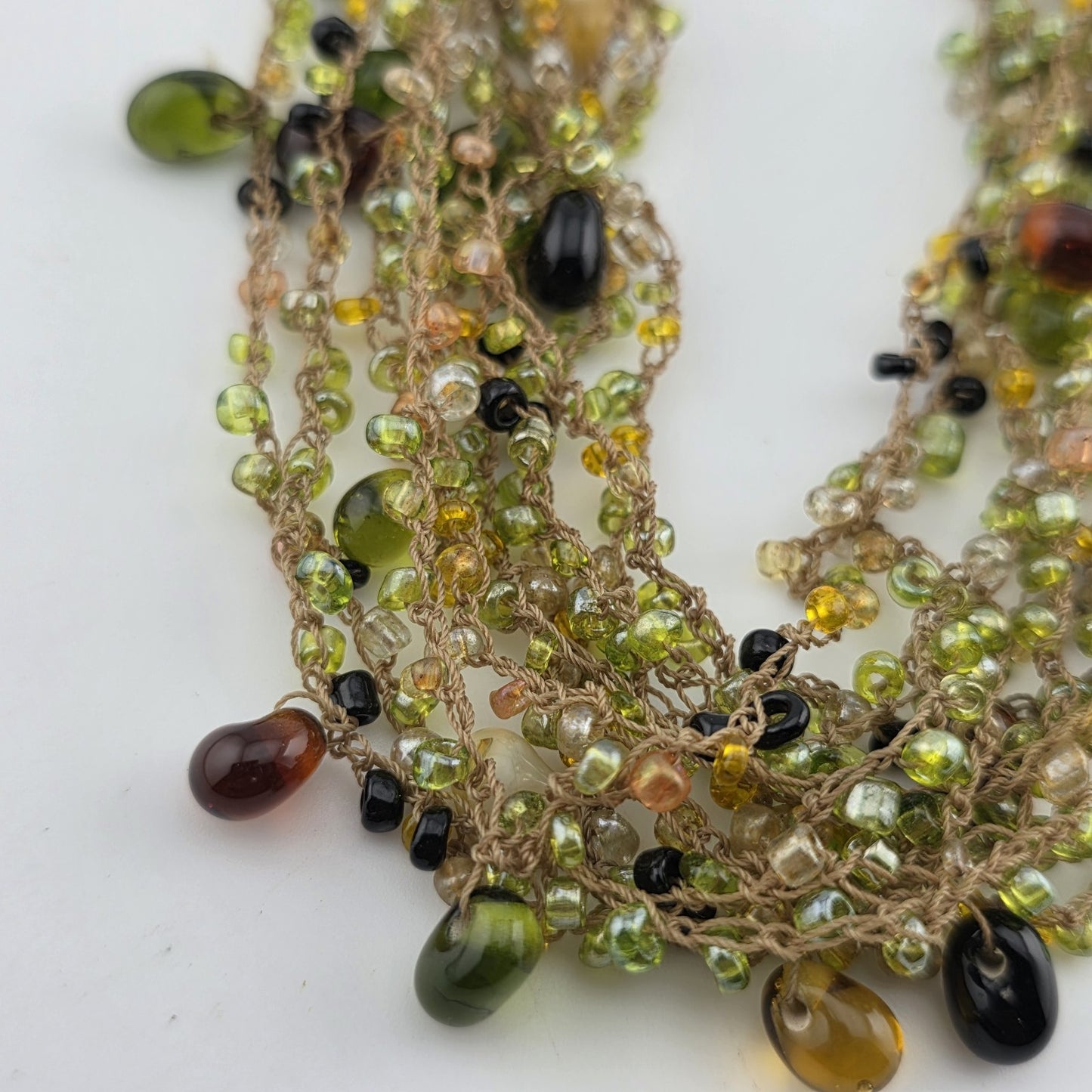Multistrang Gemstone Handmade Crochet Necklace Olive, avocado Green tones 18"