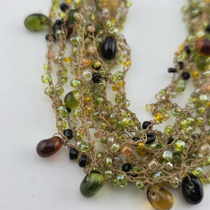 Multistrang Gemstone Handmade Crochet Necklace Olive, avocado Green tones 18"