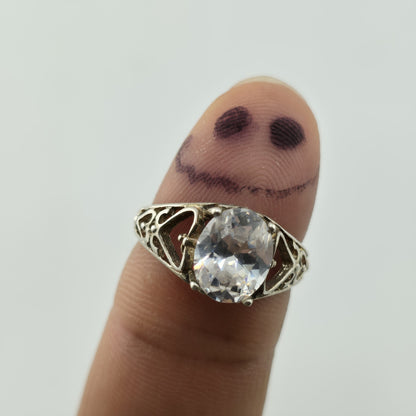 Sterling Silver 925 Large Clear Stone Ring Filigree Heart Vintage Size 7.5