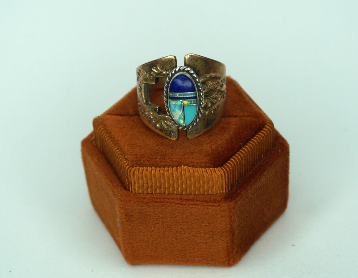 Larry Pacheco Vintage Ring  7 Sterling Silver Copper Lapis Opal Inlay Southwest