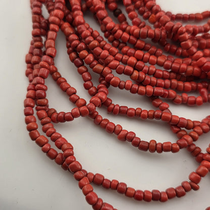 Dark Red Glass Bead Multistrand, Layered Necklace With Wooden Square Closure