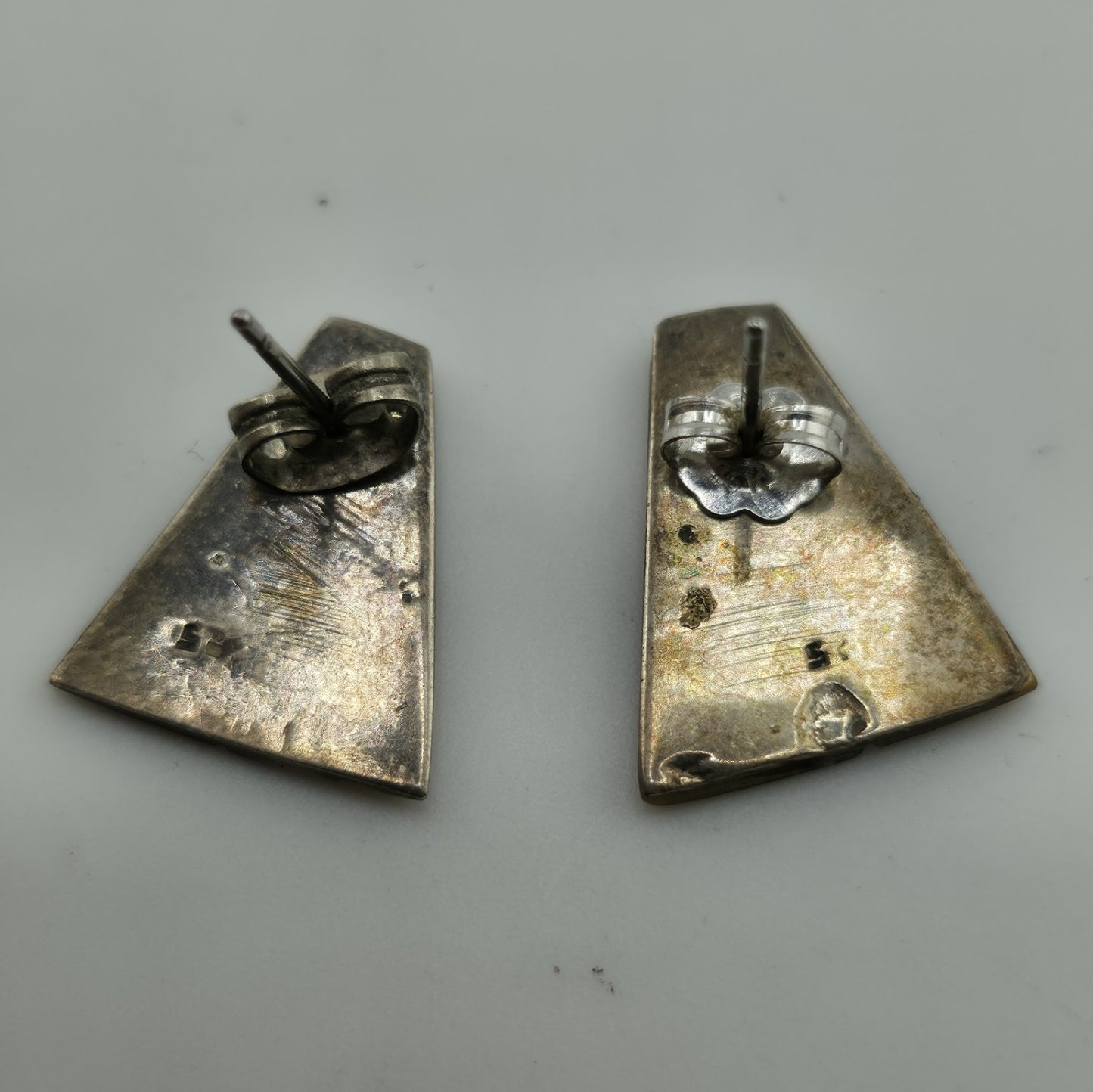 Sterling Silver Carved Gold Tone Stone Triangle Shield Earrings Vintage MCM