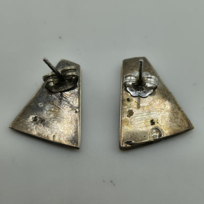Sterling Silver Carved Gold Tone Stone Triangle Shield Earrings Vintage MCM
