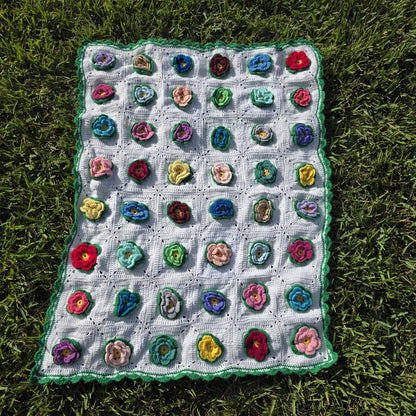 Vintage 70s Handmade 3D Rose Afghan Throw Blanket Granny 35x48 Floral Crochet