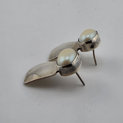 STERLING SILVER EARRINGS FAUX PEARLS Abstract Native Heavy - 1 1/8"