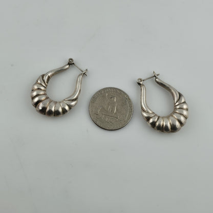 Sterling Silver Earrings Ribbed Latch Hoop Marked 925 Vintage Patina 1.3"
