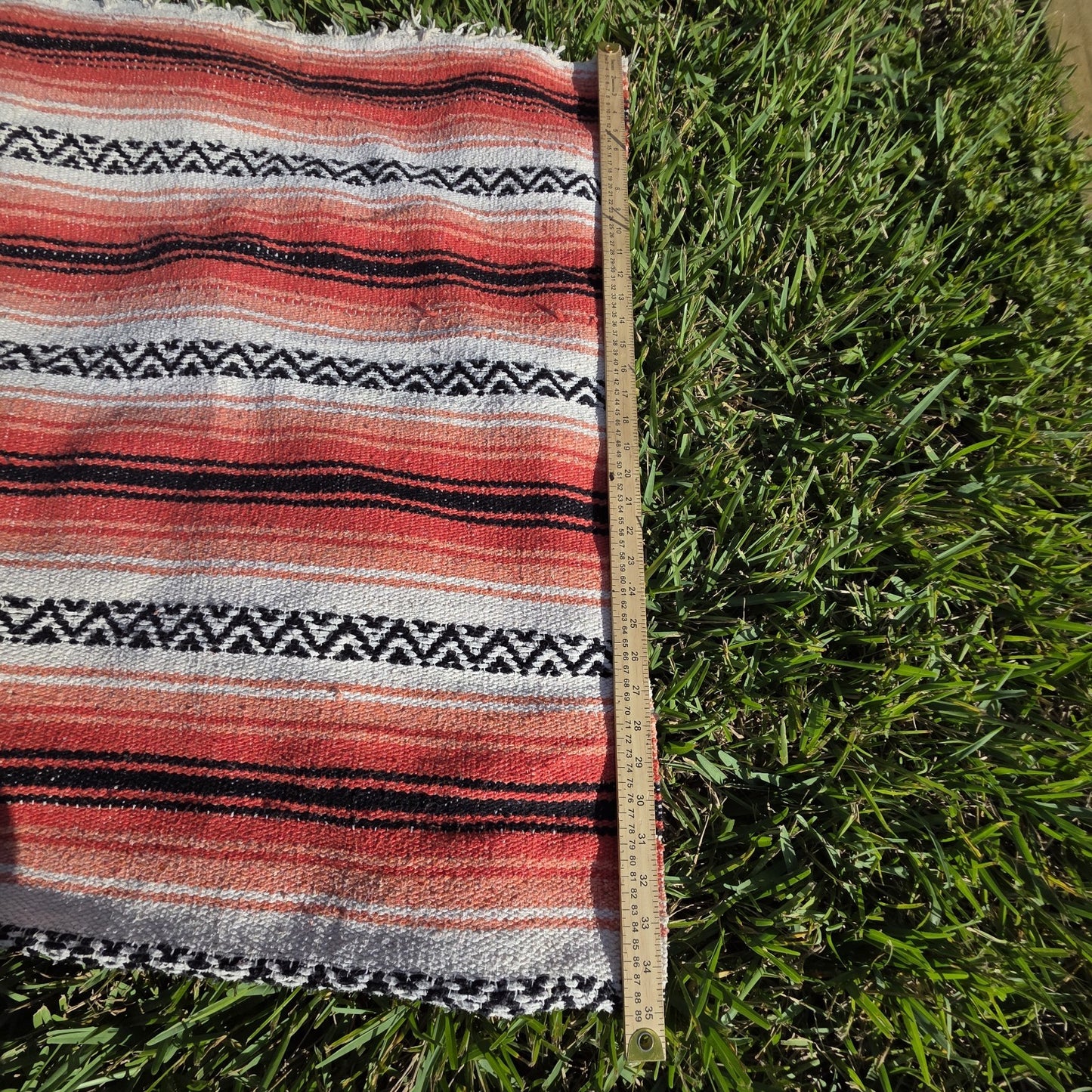 Vintage Sola Mexican Blanket Serape Red Black Throw Stripe Tassel 71 x 25