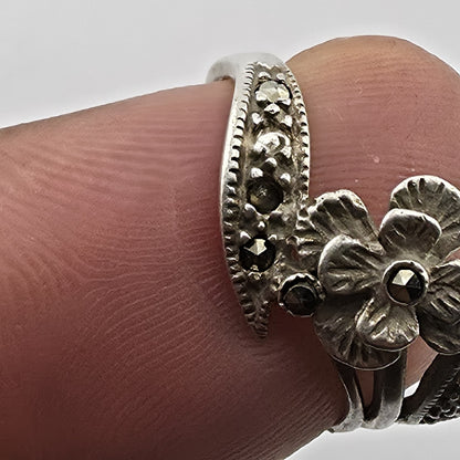 Sterling Silver Marcasite Flower Ring Size 5.5 Dainty Feminine Missing Stones