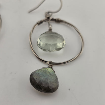 Vintage Earrings Green Ish Clear Stones Circle Dangle Sterling Silver 925