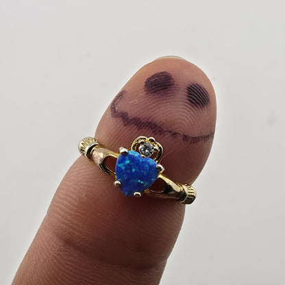 Sterling Silver 925 Gold Vermeil Blue Opal Heart Claddagh Ring CZ Size 5.5