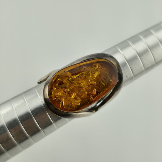 Vintage Ring MCM Sterling Silver Natural Honey Amber Unique Abstract Adjustable