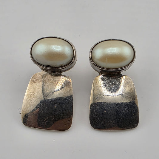 STERLING SILVER EARRINGS FAUX PEARLS Abstract Native Heavy - 1 1/8"