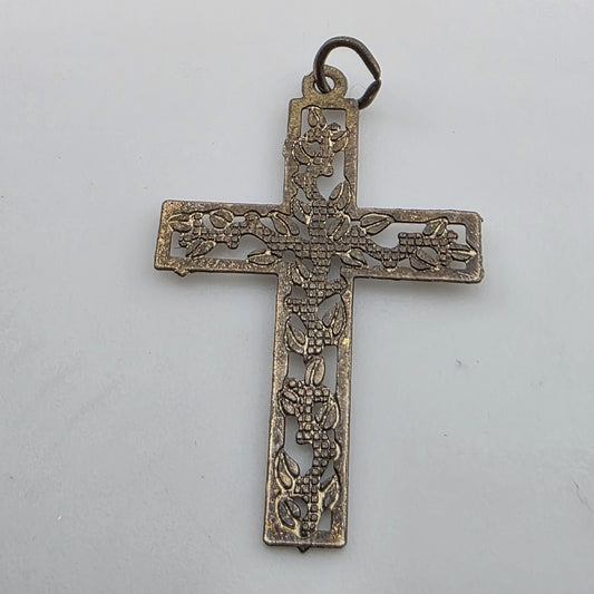 Sterling Silver Filigree Cross Pendant .75" Dainty Cute Floral Christianity Cath