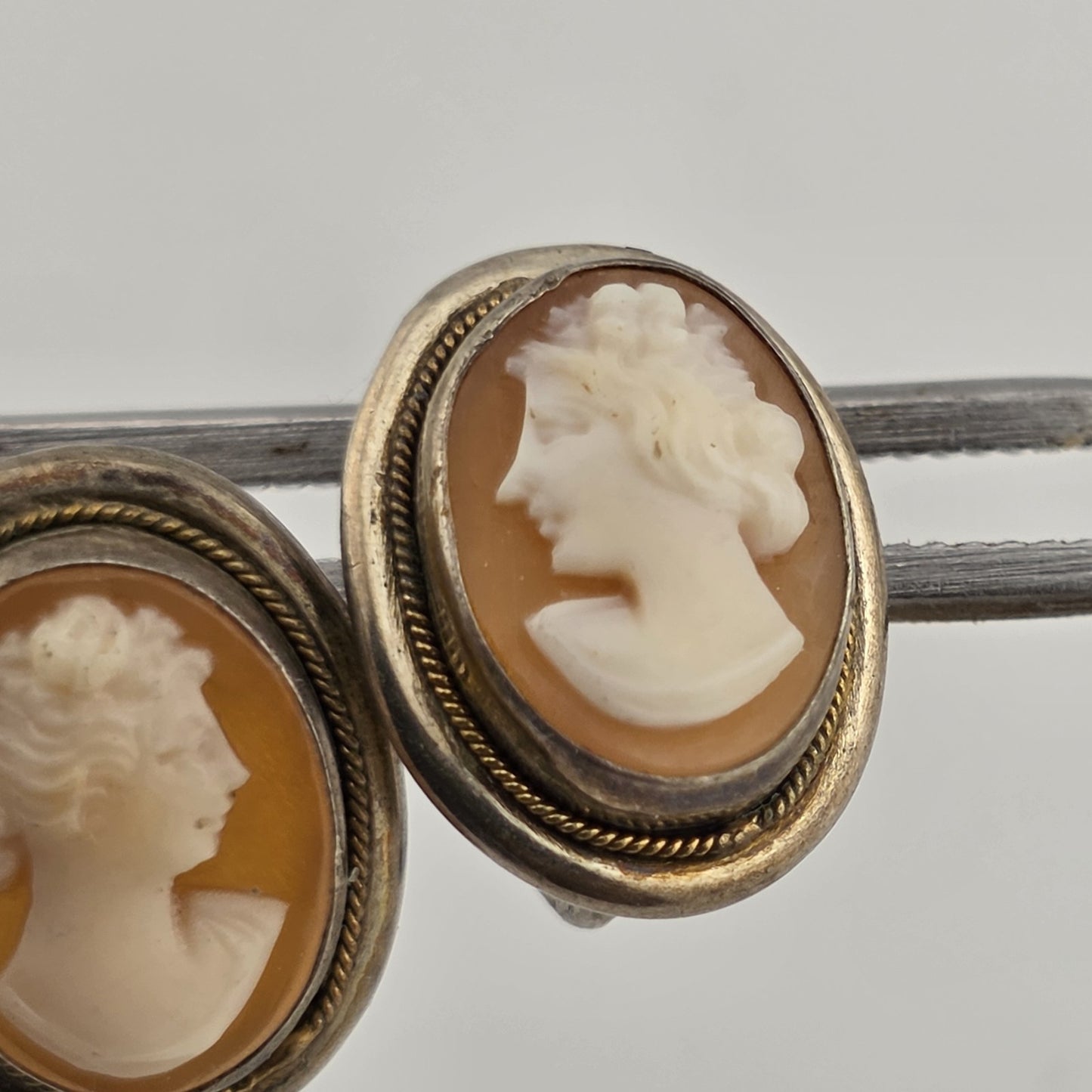 800 Silver  Antique Cameo Screw Back Earrings Vintage European Jewelry