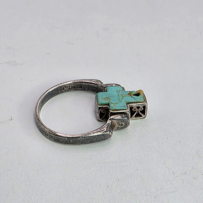 925 Sterling Spinner Ring Turquoise Cross Double Sided Articulated Vintage PD  7