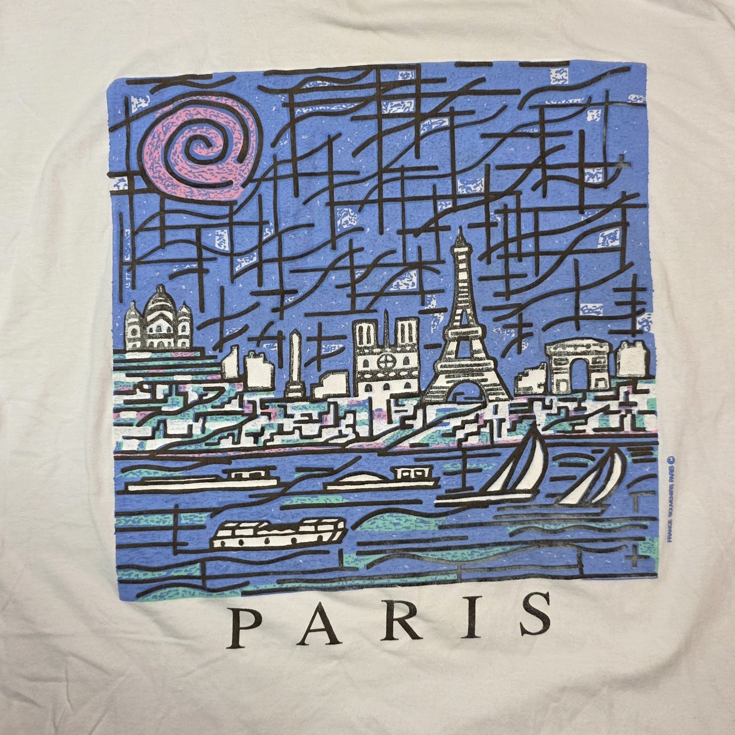Paris Fran’s Eiffel Tower Art City Shirt Mens Medium White Abstract Vintage