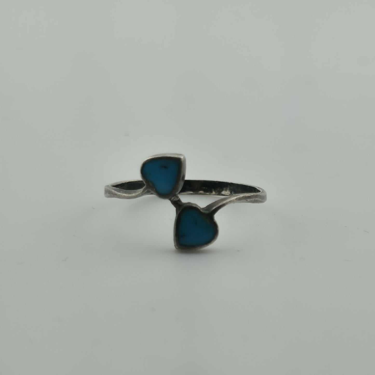 Ring Sterling Silver Tiny Crushed Turquoise Double Heart Love Size 8.50 Vintage
