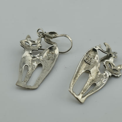Sterling Silver Modernist Kitty Cat MCM Dangle Hook Earrings 4g 925 NF Vintage