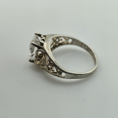 Sterling Silver 925 Large Clear Stone Ring Filigree Heart Vintage Size 7.5