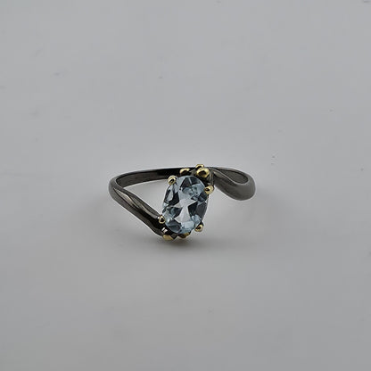 Natural Blue Topaz Ring 925 Sterling Silver Size 7 Black Oxidized Two-Tone