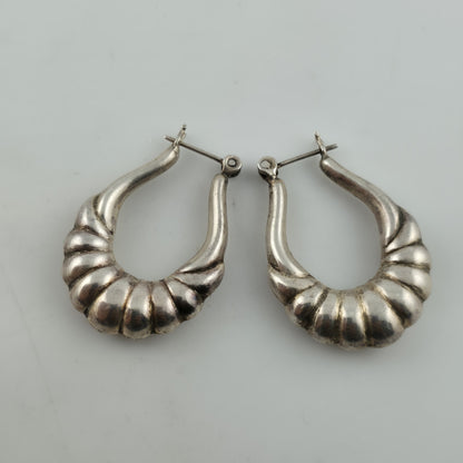 Sterling Silver Earrings Ribbed Latch Hoop Marked 925 Vintage Patina 1.3"