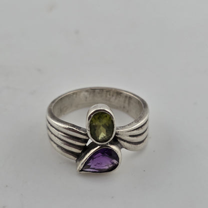 925 Sterling Silver Ring Natural Purple Green Stones Size 8 Chip On Amethyst