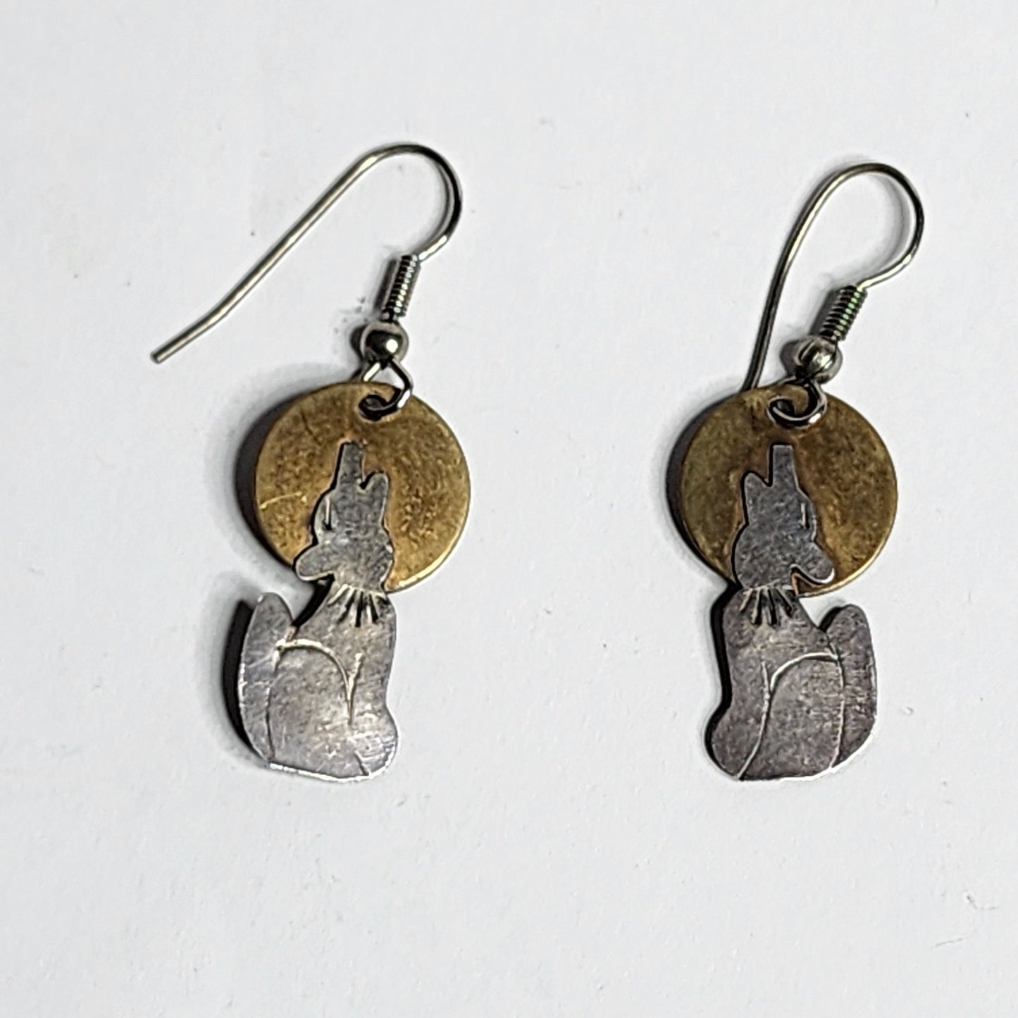 925 Sterling SIlver Dangle Drop Howling Wolf Brass Moon Pierced Earrings Vintage