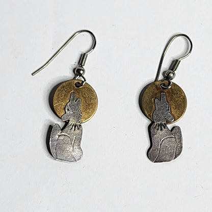 925 Sterling SIlver Dangle Drop Howling Wolf Brass Moon Pierced Earrings Vintage