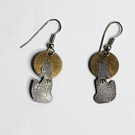 925 Sterling SIlver Dangle Drop Howling Wolf Brass Moon Pierced Earrings Vintage
