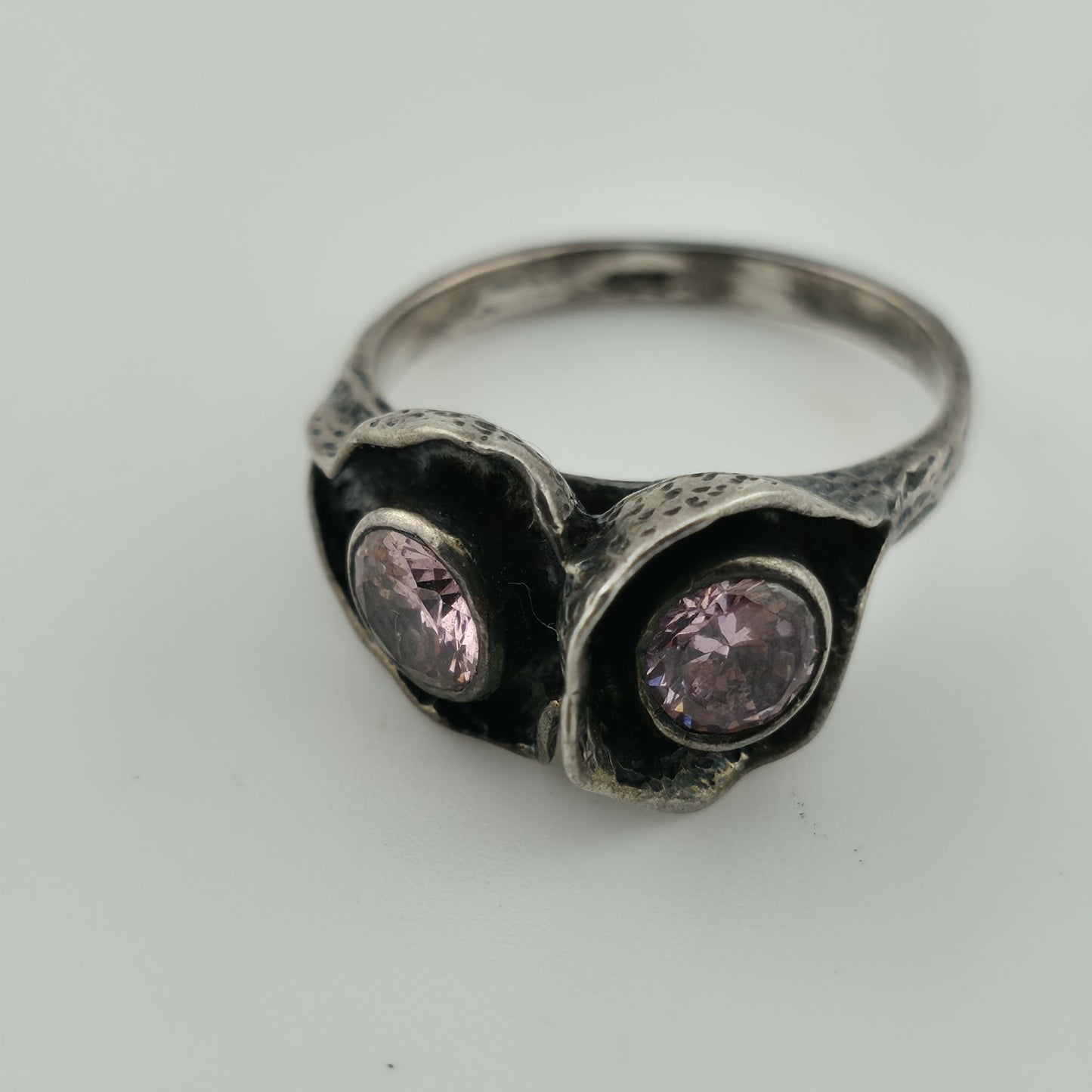 Sterling Silver 925 Ring Brutalist Organic Textured Floral Double Pink Stone 6.7