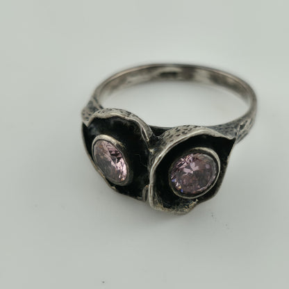 Sterling Silver 925 Ring Brutalist Organic Textured Floral Double Pink Stone 6.7