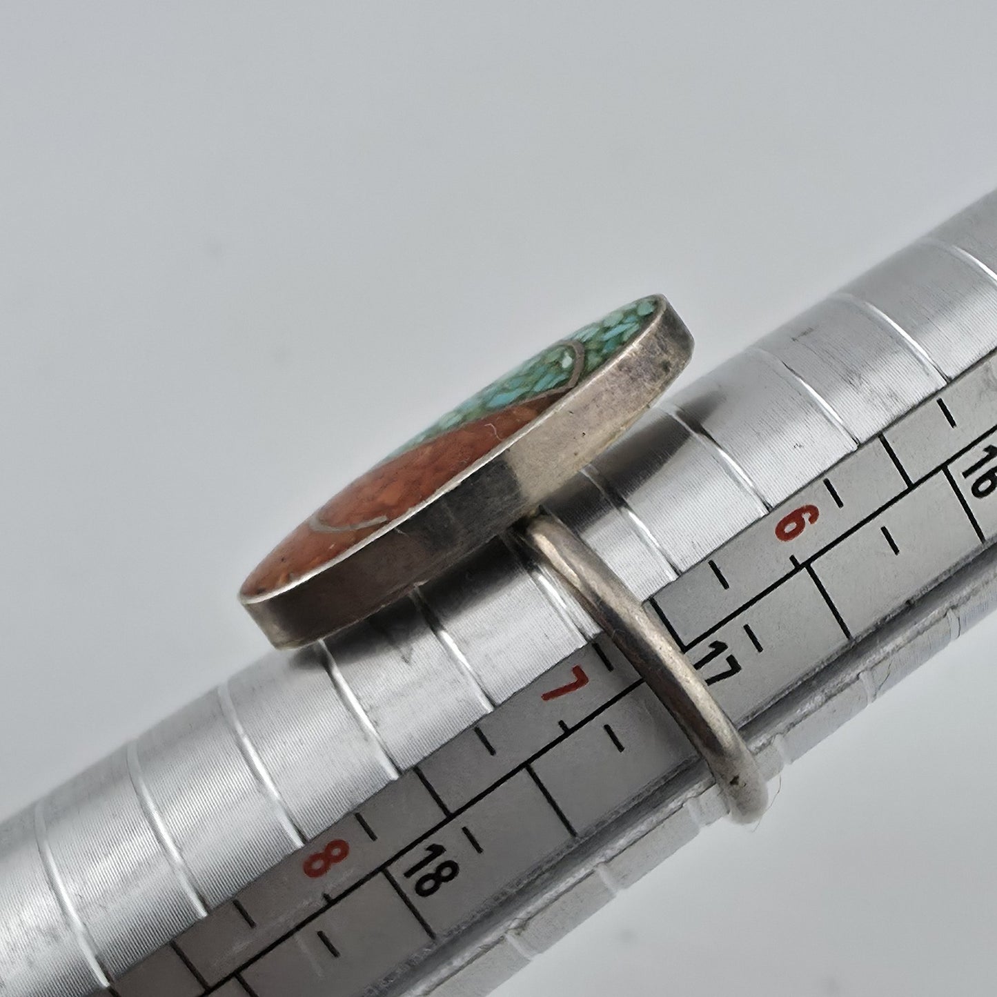 Sterling Silver Ring Turquoise Coral Chip Inlay Size 6.75 Native American VTG