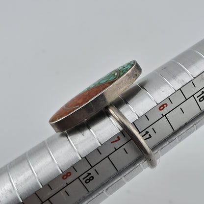 Sterling Silver Ring Turquoise Coral Chip Inlay Size 6.75 Native American VTG