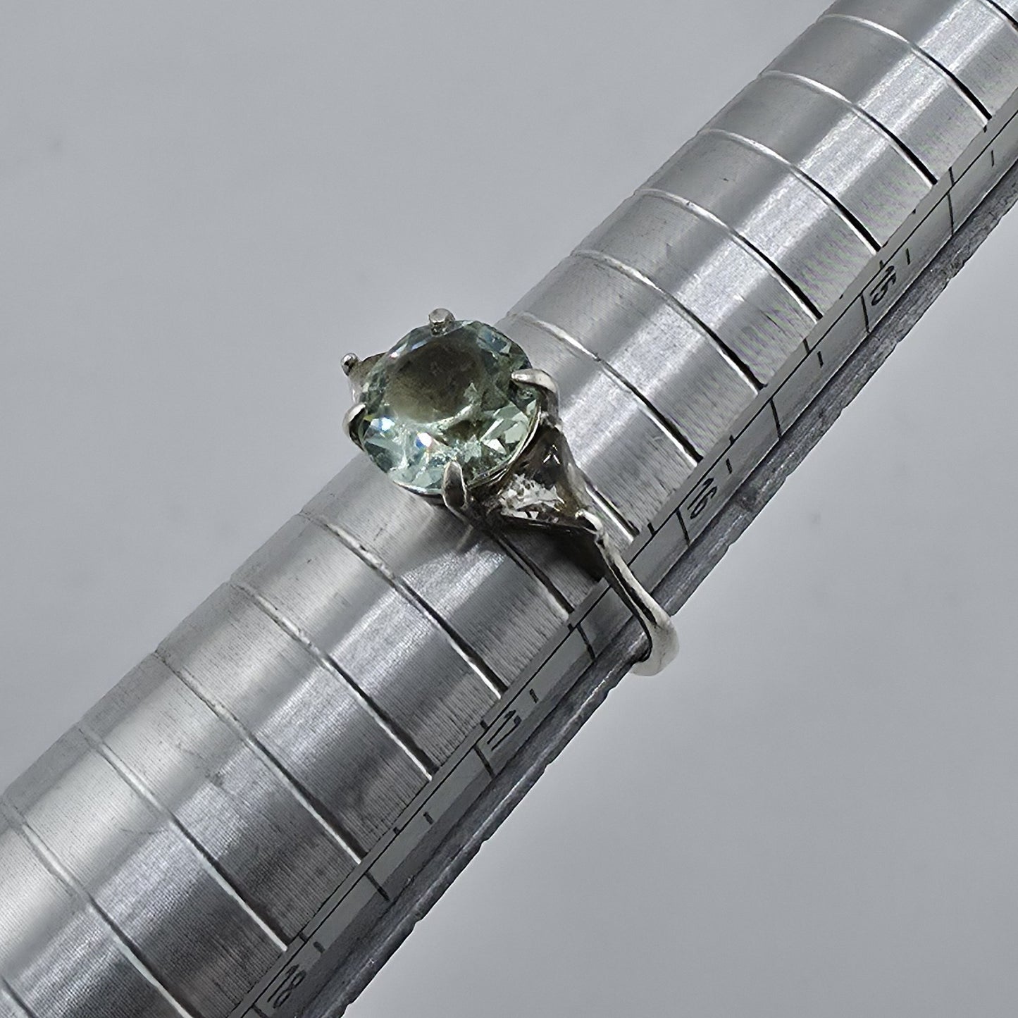 Sterling Silver Ring Blue-Green Stone with Clear Accents Filigree 925 Size 6