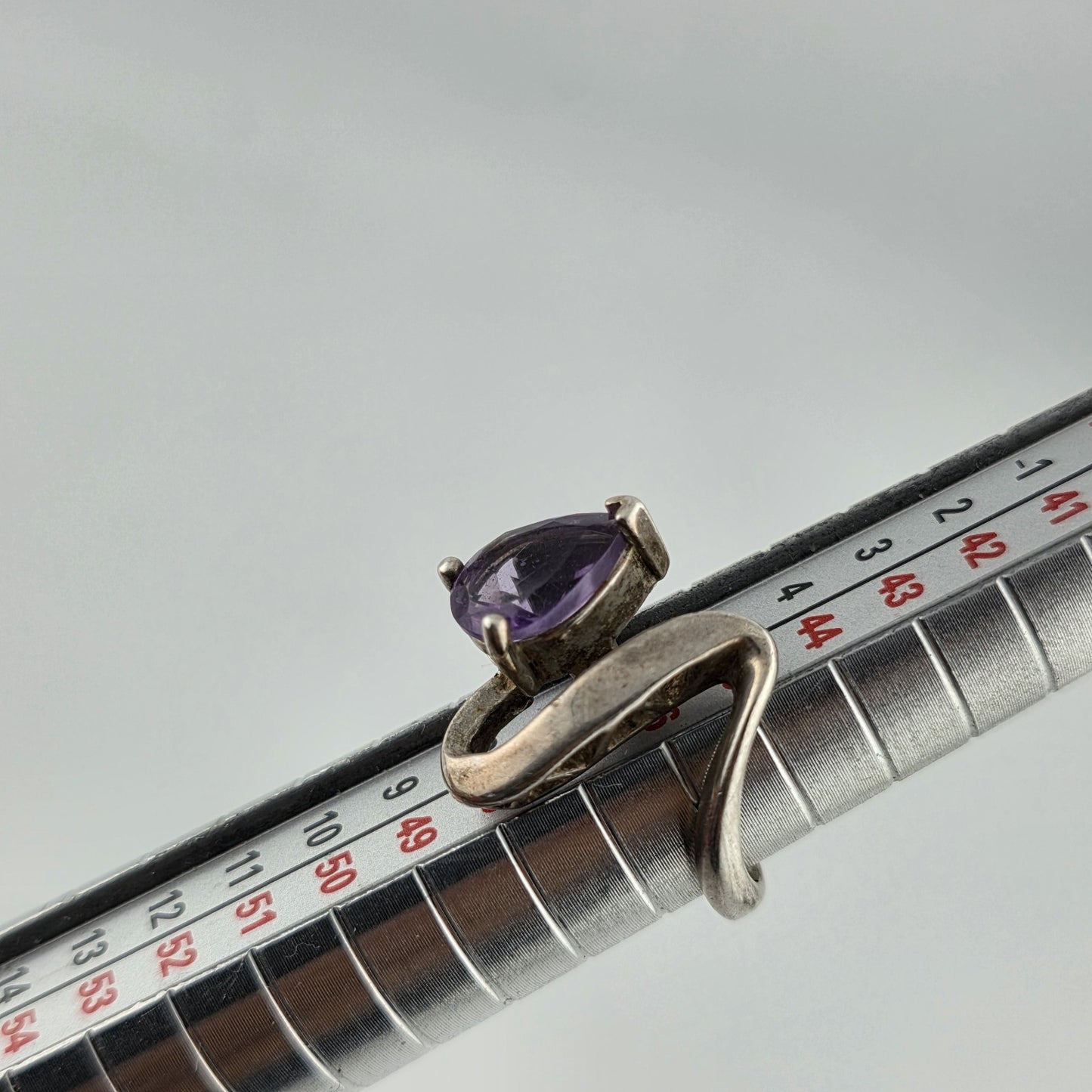 925 Sterling Silver Ring Pear Cut Amethyst Unique Modernist 3.25 Vintage Artisan