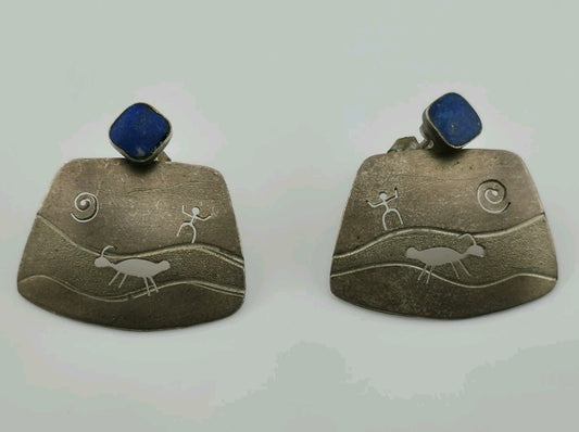 Sterling silver lapis lazuli Earrings petroglyph Native Southwestern Vintage